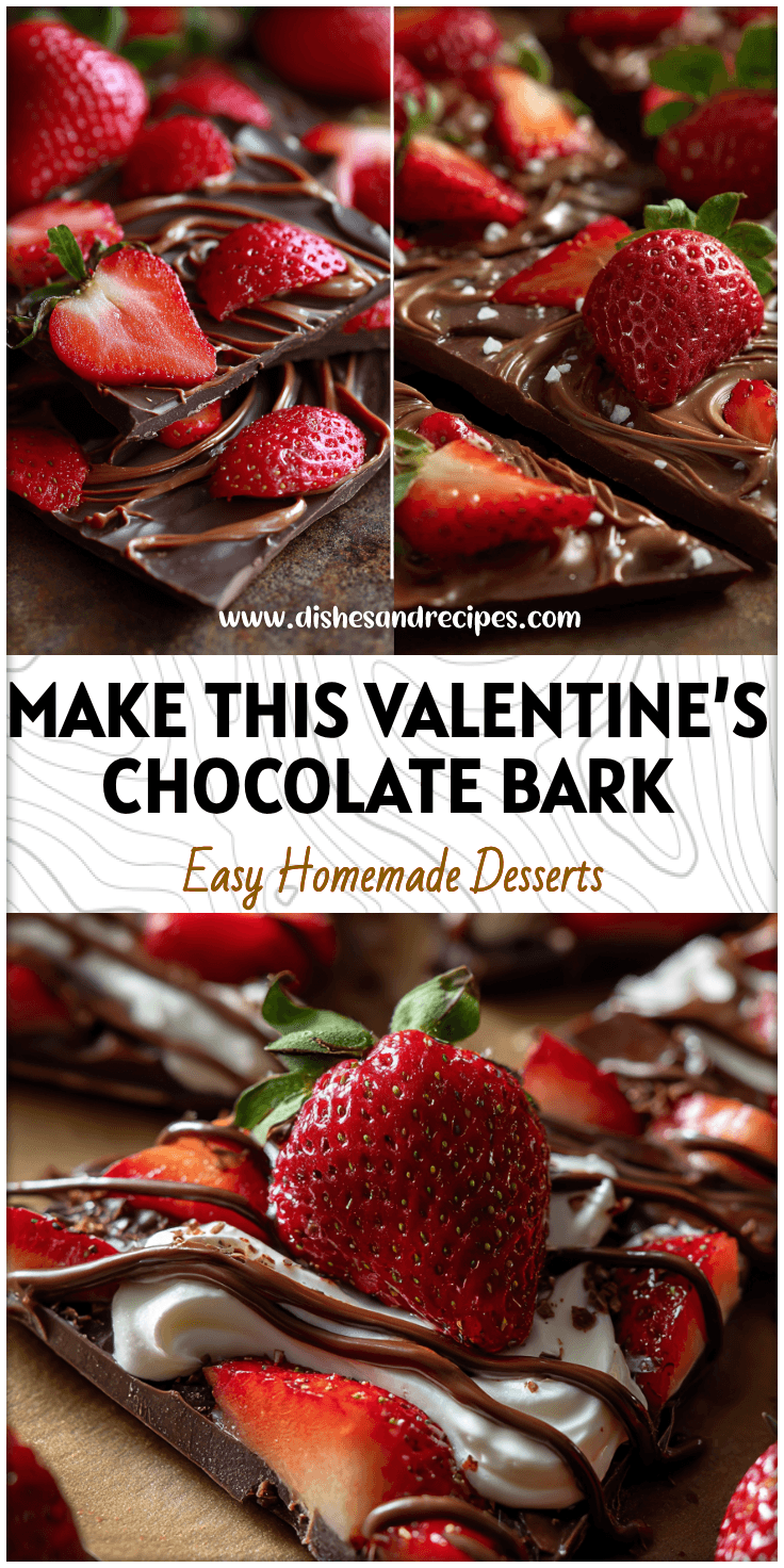 Close-up of Valentine’s Strawberry Nutella Dark Chocolate Bark topped with fresh strawberries and swirls of creamy chocolate yogurt.